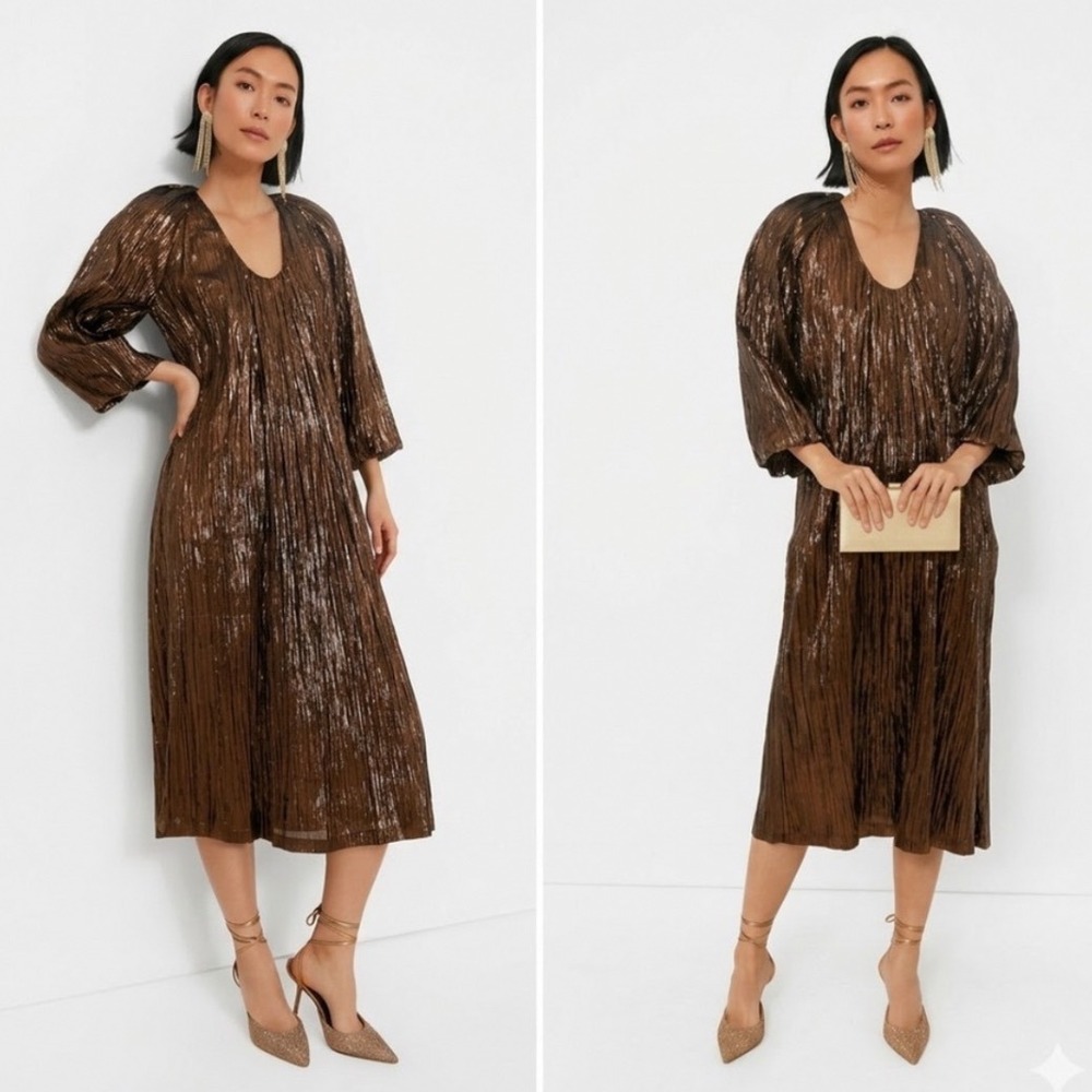 Hyacinth House Brown Metallic Plisse Dorinda Midi Cocktail Party Dress Small NEW